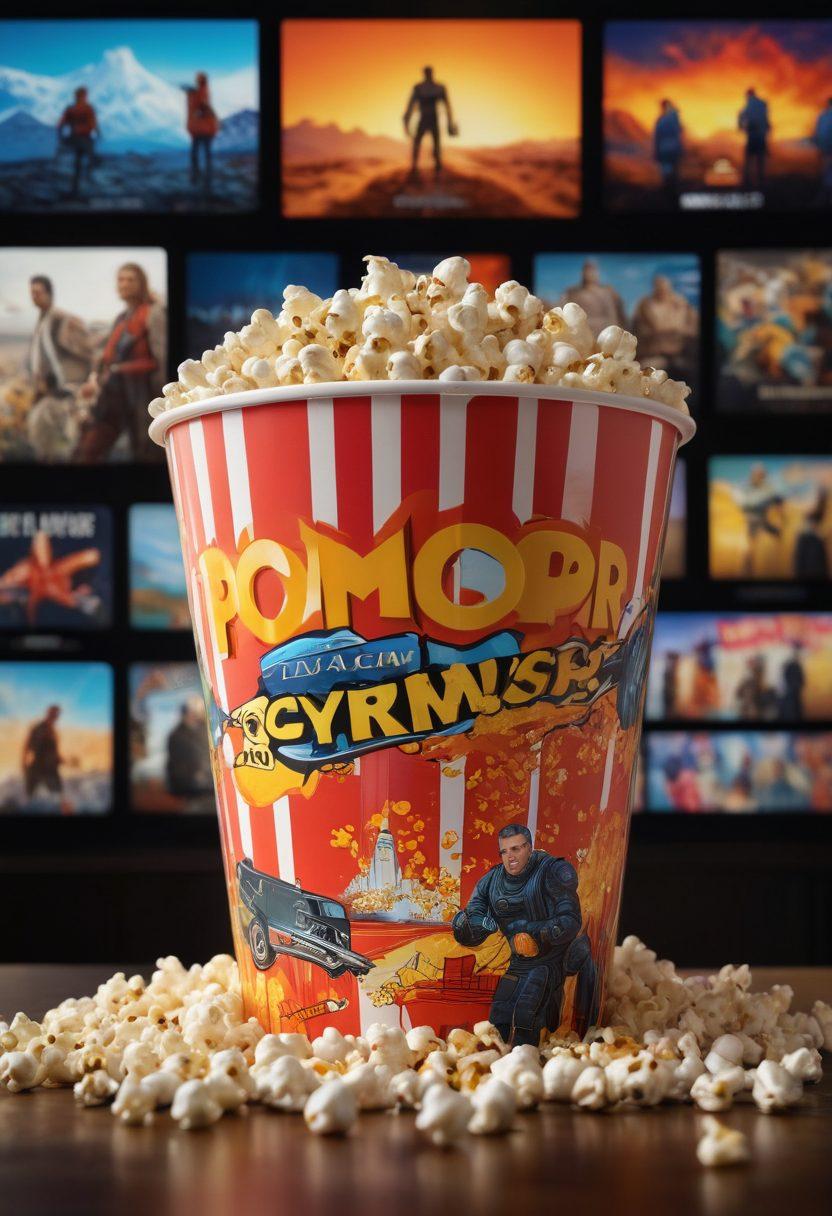 A dynamic collage of iconic movie scenes featuring diverse genres, with film reels and a virtual streaming interface in the background. Include a popcorn bucket and a TV screen displaying a play button. The overall scene should evoke excitement and adventure in film watching. vibrant colors. super-realistic.